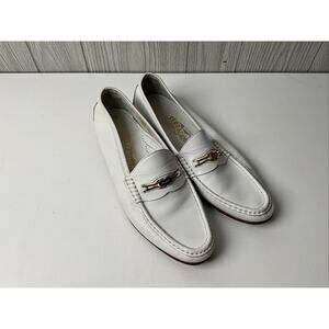 Women's 10.5 B Salvatore Ferragamo Flat Loafers White Leather Gold Horsebit